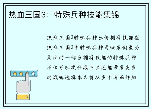 热血三国3：特殊兵种技能集锦