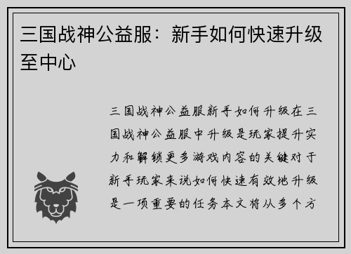 三国战神公益服：新手如何快速升级至中心