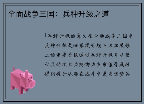 全面战争三国：兵种升级之道