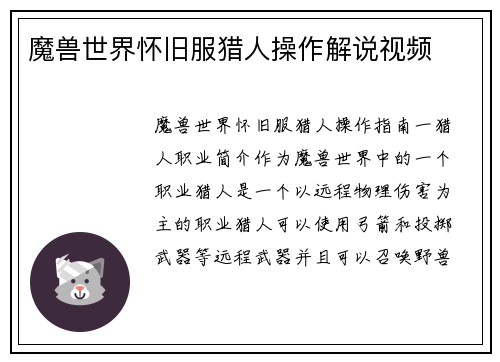 魔兽世界怀旧服猎人操作解说视频